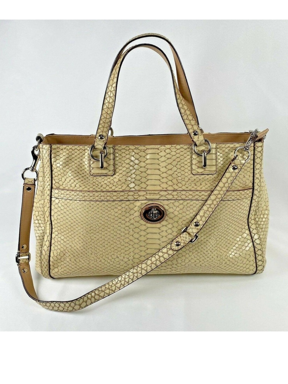 Coach Park Python Leather Carryall Tote Satchel Bag Beige Gray F24384 EUC